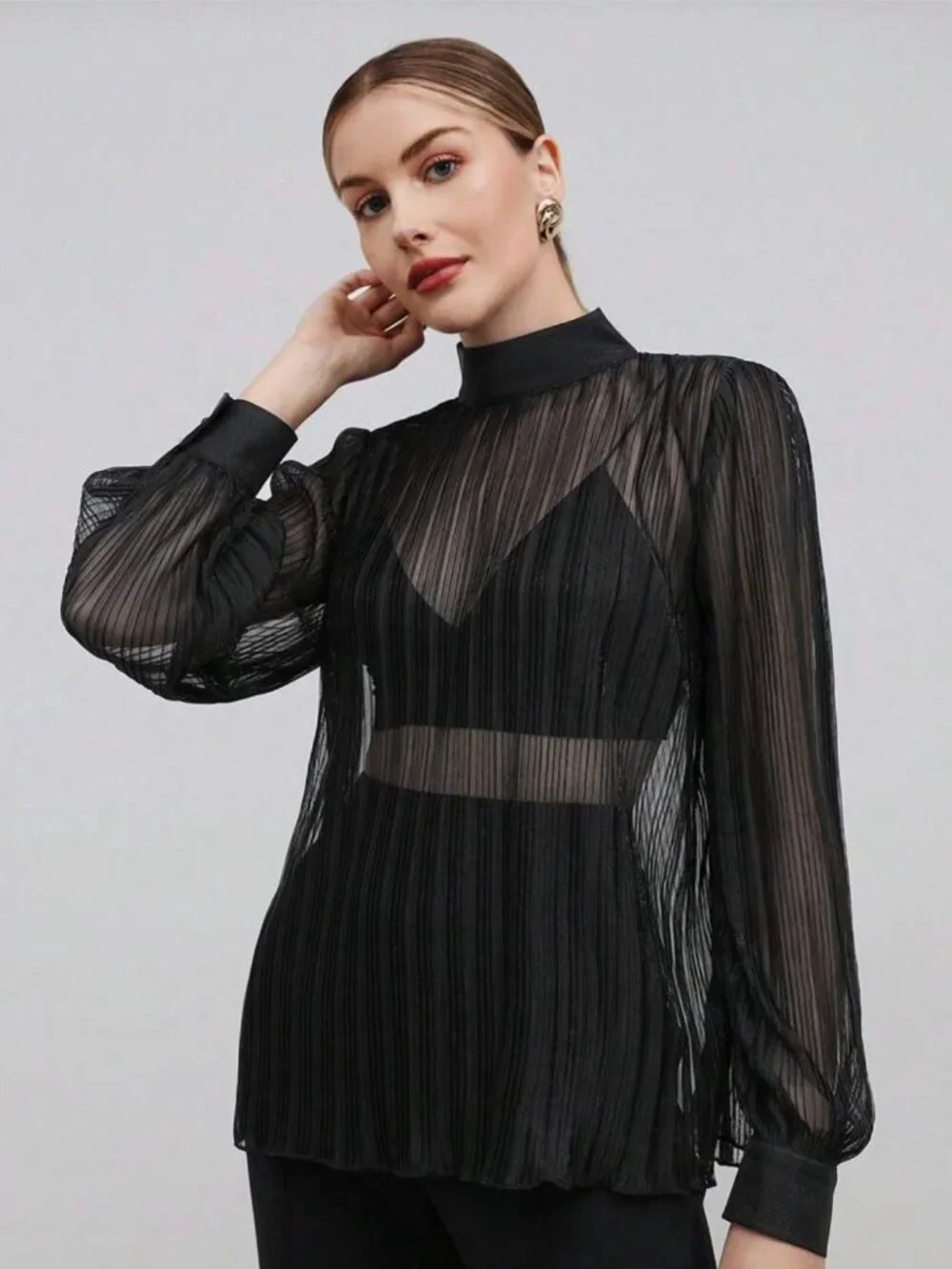 Sheer Black and Metallic Silver Pinstriped Blouse - Corporate Goth, Minimalist - Picture 7 of 8